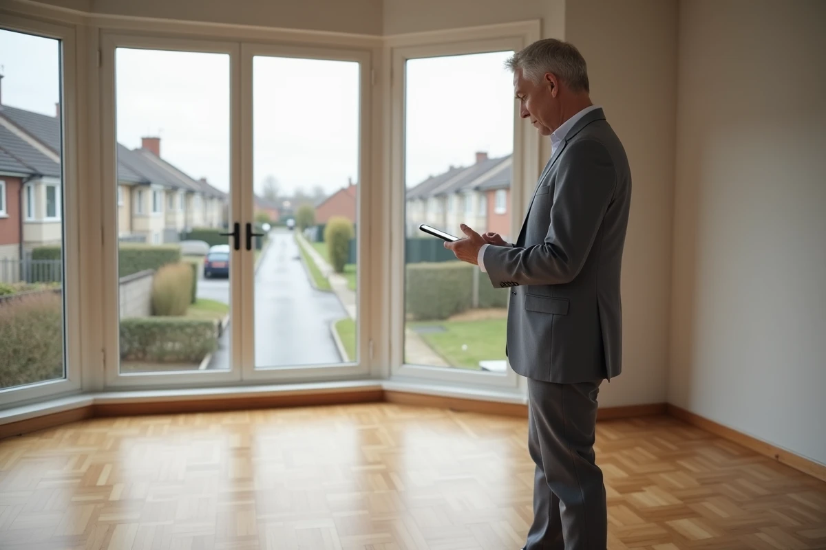 Agent immobilier analysant des données comparatives de biens sur tablette dans un salon vide avec parquet