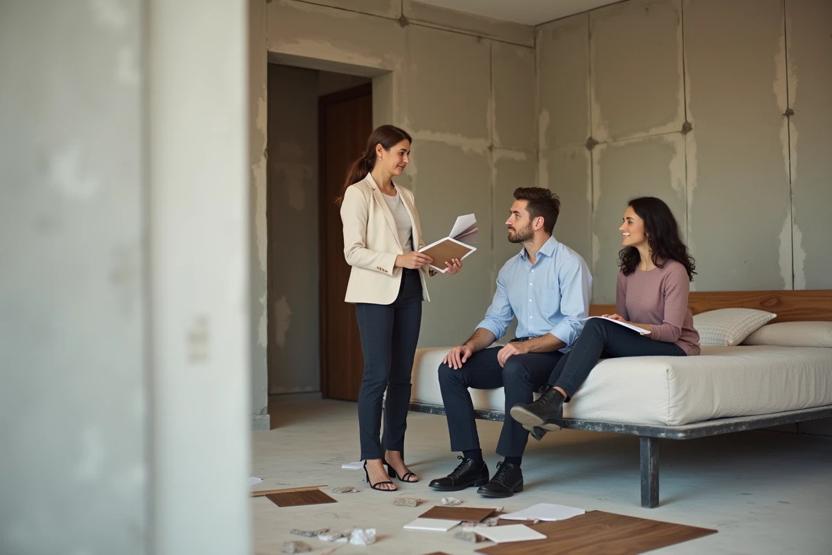 Architecte d'intérieur présentant des échantillons de matériaux pour l'aménagement d'une suite parentale de 15m2