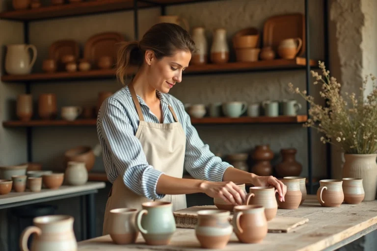 Artisane française arrangeant des céramiques artisanales dans une boutique créative aux murs en pierre