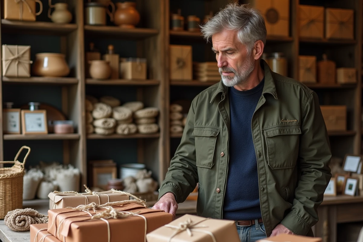 Client masculin explorant des cadeaux artisanaux en cuir et textile dans une boutique française authentique