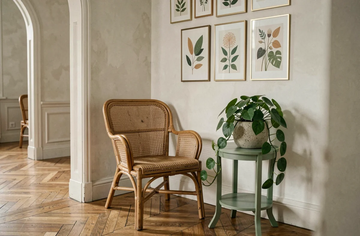 Coin bureau décoré avec fauteuil en rotin, plantes vertes en pots en grès et mur galerie botanique, tendances intérieur 2024