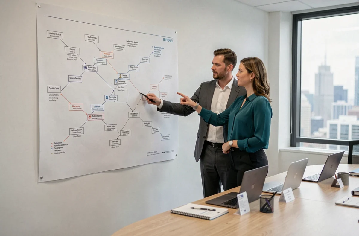 Deux collègues analysant ensemble un plan de site affiché dans une salle de réunion d'entreprise
