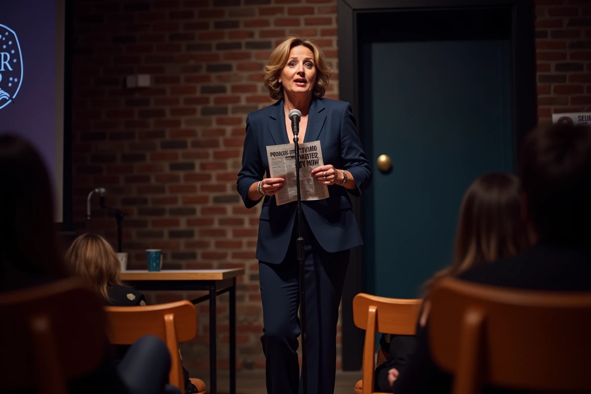 Comédienne sur scène dans un club de comédie tenant une feuille d'actualité politique avec une expression pince-sans-rire