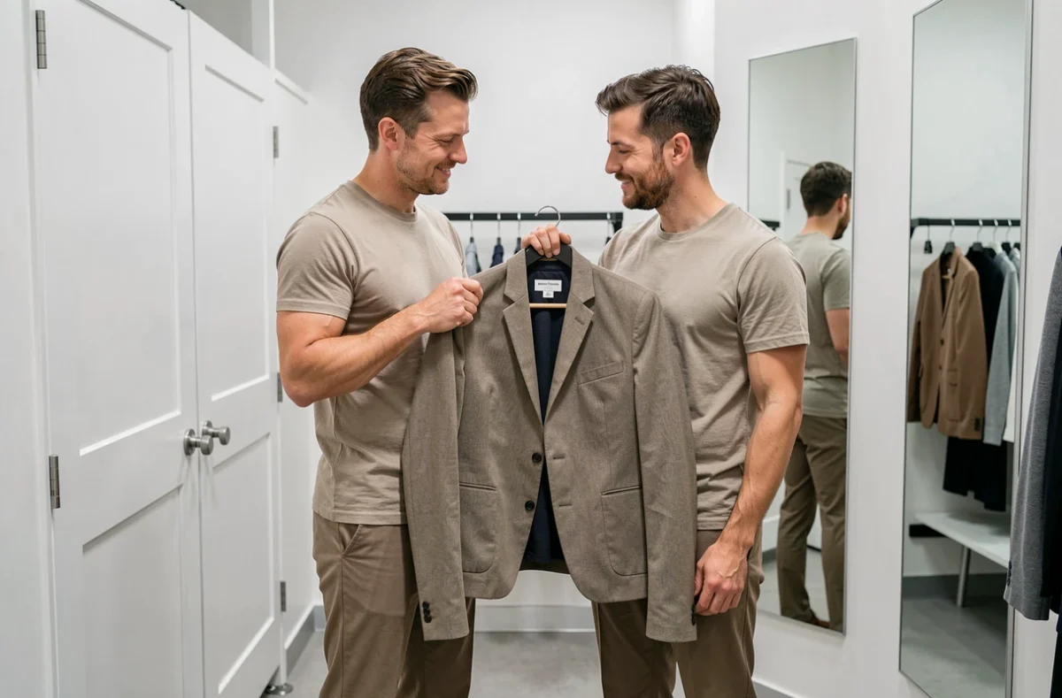 Deux hommes comparant la taille d'une veste Freeman Porter dans une cabine d'essayage en magasin