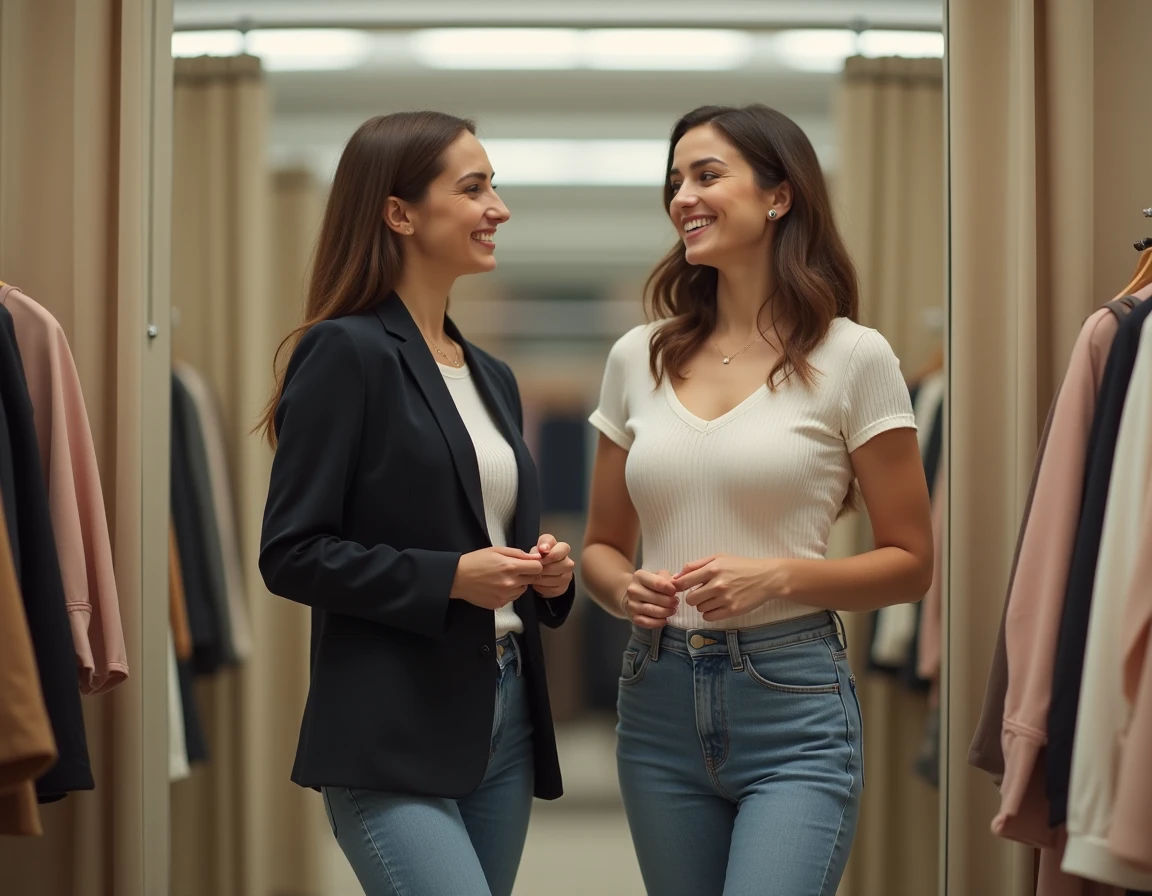 Deux femmes comparant des tailles L et XL devant un miroir dans un espace cabine d'essayage