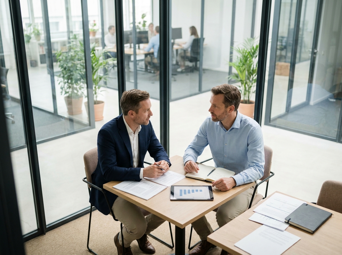 Consultant freelance en réunion avec un client, représentant une mission professionnelle facilitée par le portage salarial