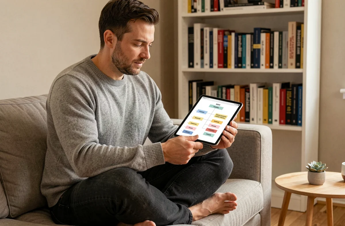 Homme consultant un plan de site structuré sur une tablette dans un bureau à domicile minimaliste