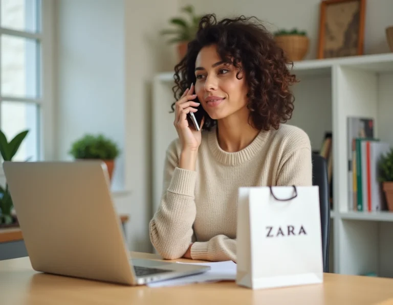 Femme contactant le service client Zara par téléphone depuis son bureau à domicile