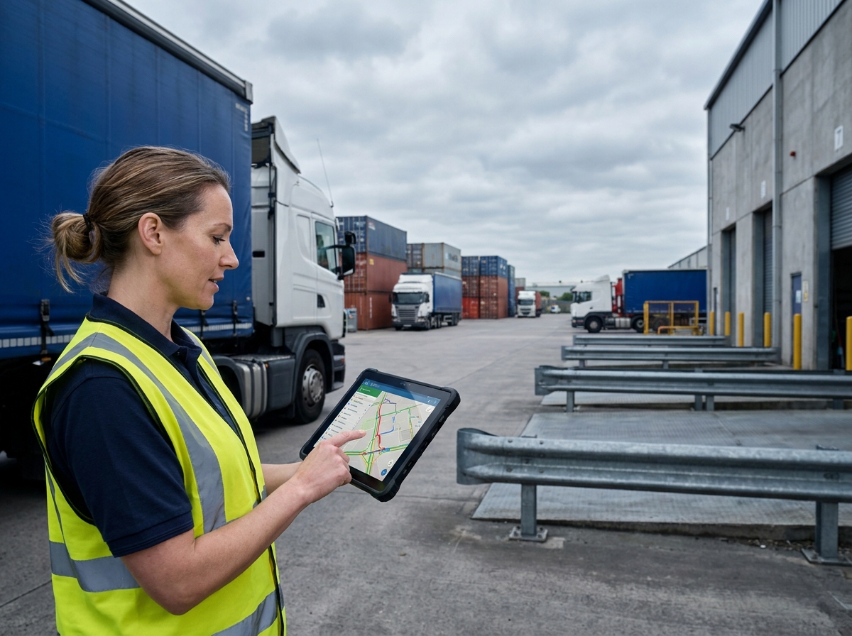 Coordinatrice logistique consultant une tablette de planification d'itinéraire à côté d'un camion dans un entrepôt