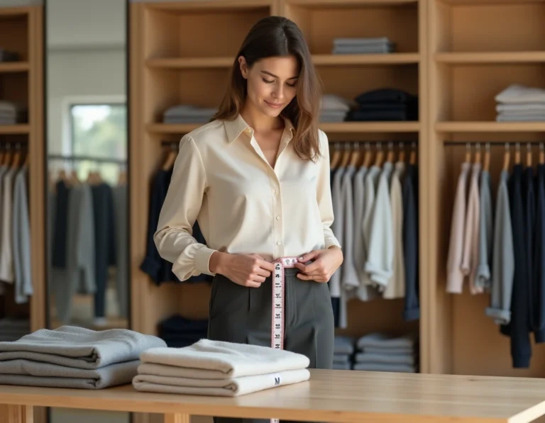 Femme mesurant sa taille avec un ruban dans une boutique de vêtements, comparant des tailles S et M