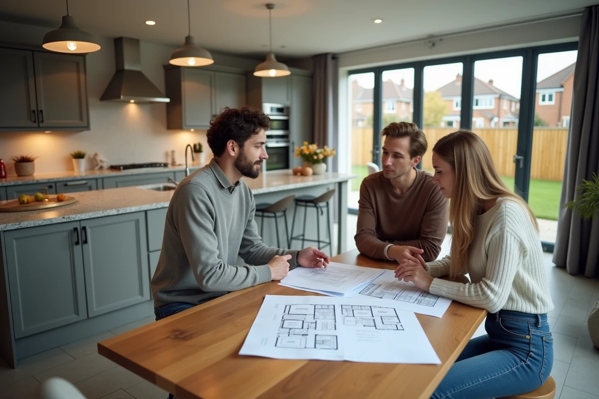 Couple étudiant un rapport d'évaluation immobilière avec plans de maison sur une table en bois