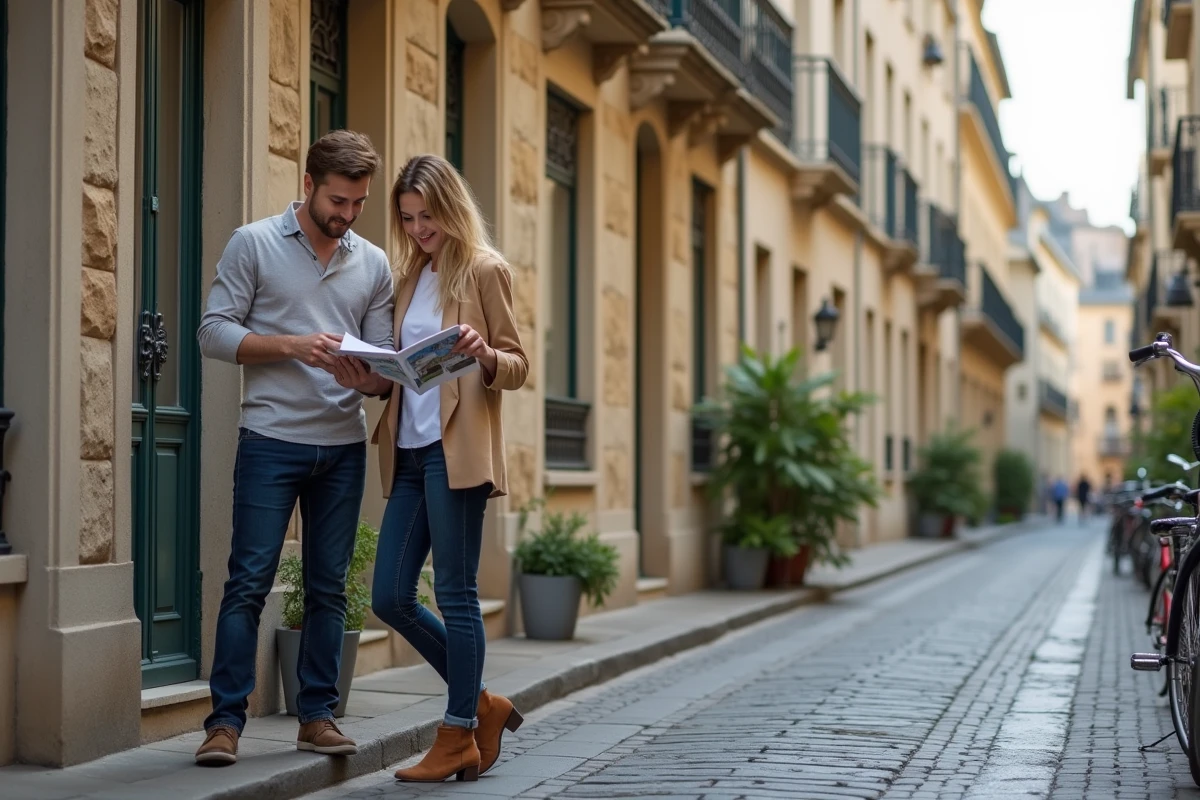 Couple devant un immeuble rénové en pierre pour un investissement locatif en centre-ville français