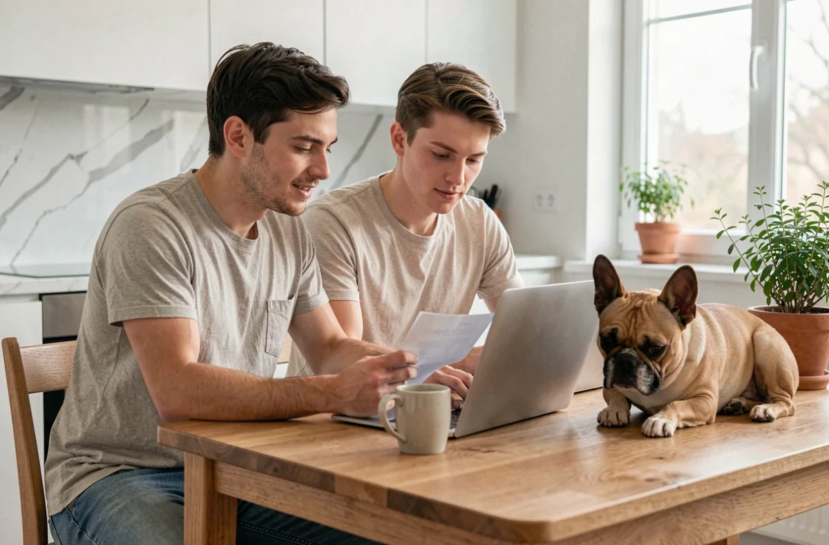 Couple consultant des documents sur un ordinateur portable avec leur bouledogue français, symbolisant la souscription d'une assurance santé pour animaux de compagnie