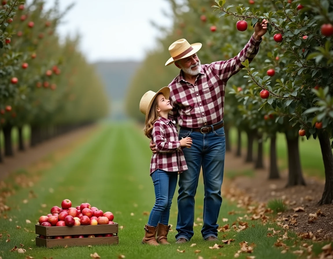 Grand-père et petite-fille récoltant des pommes dans un verger en automne, activité agricole intergénérationnelle en plein air