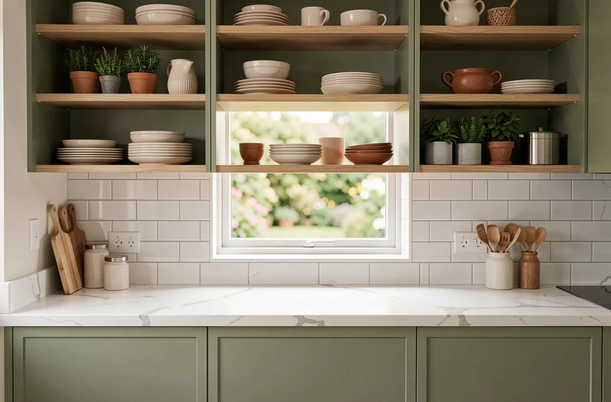 Cuisine moderne et épurée avec étagères décoratives soigneusement arrangées pour valoriser un appartement avant sa vente