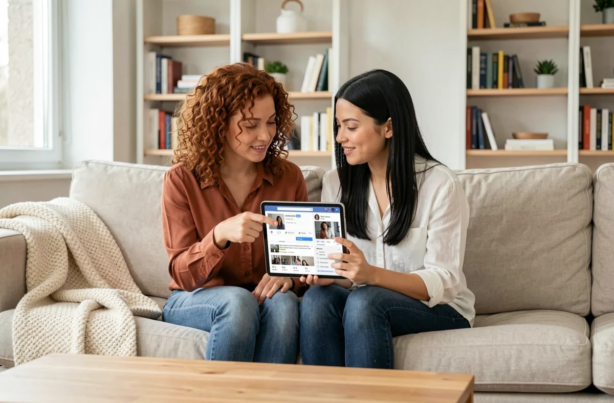 Deux femmes regardant ensemble les partages d'une publication Facebook sur une tablette dans un salon