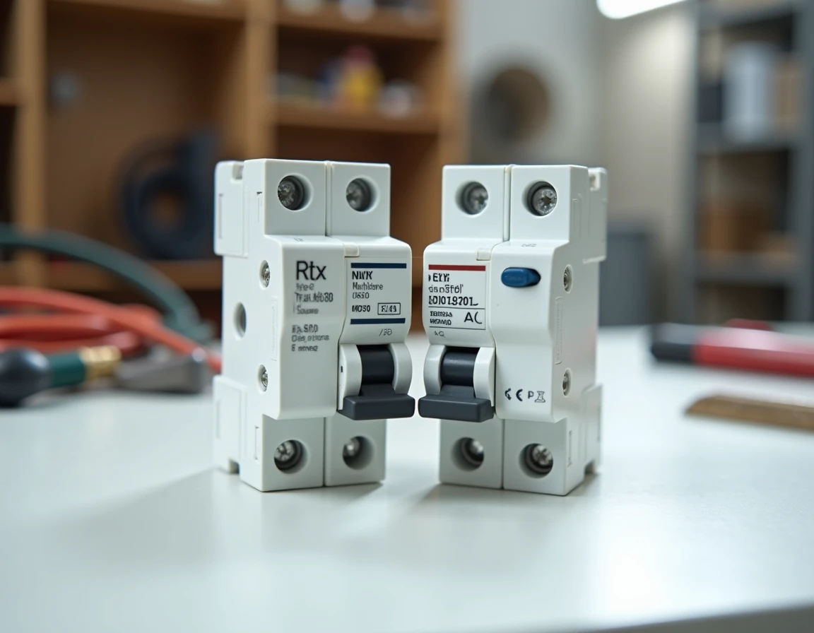 Deux disjoncteurs différentiels type A et type AC posés côte à côte sur un établi pour comparaison technique