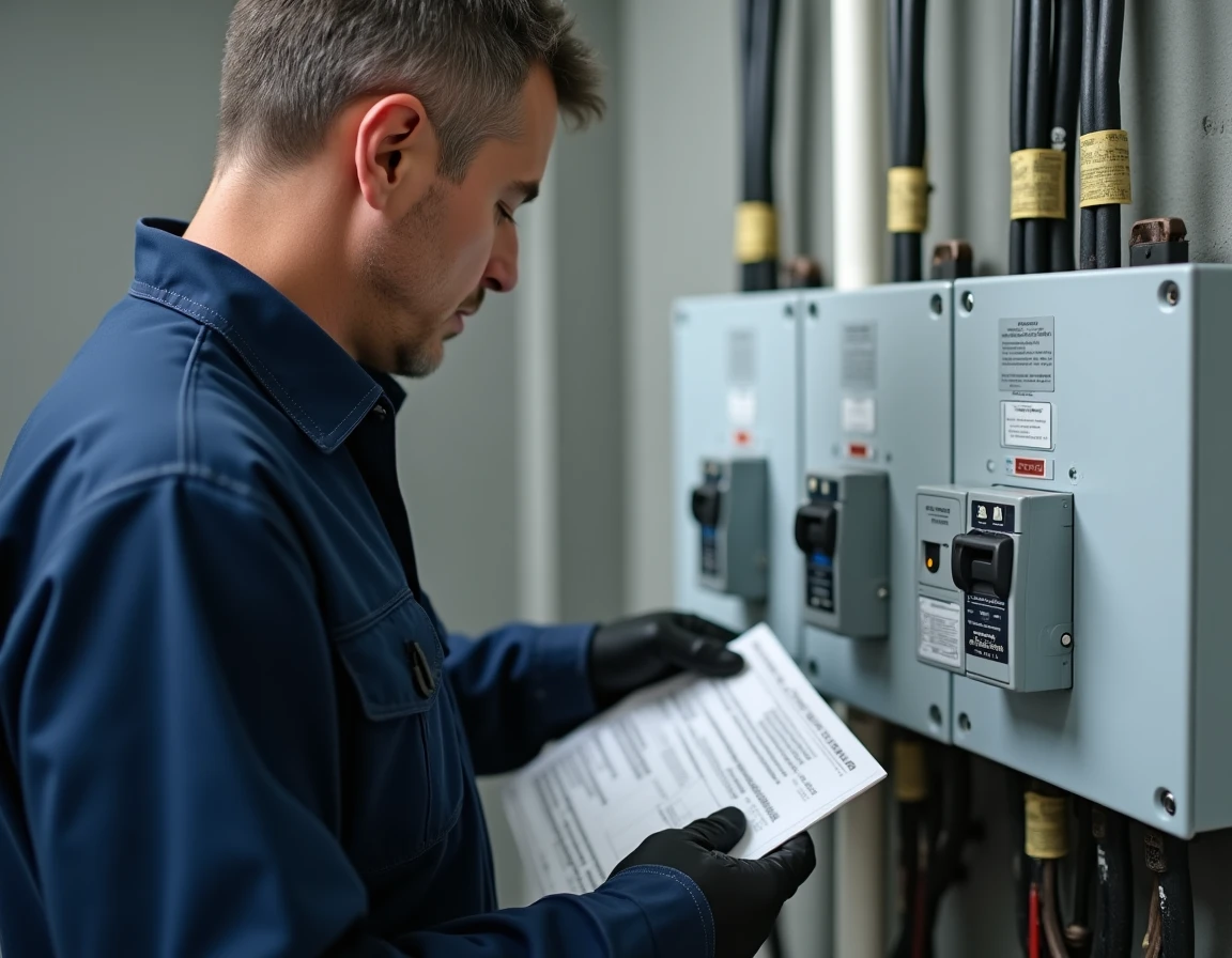 Électricien professionnel comparant un différentiel type A et un différentiel type AC sur un tableau électrique résidentiel