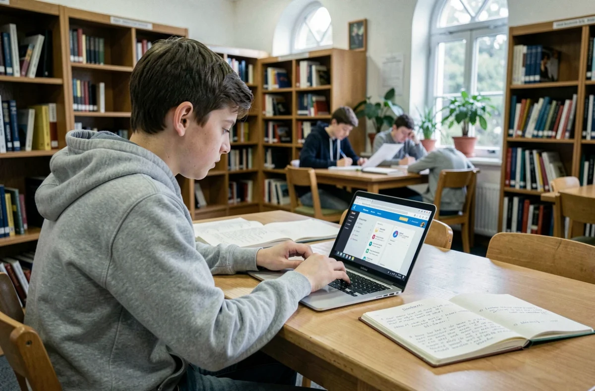 Adolescent concentré sur un ordinateur portable dans une bibliothèque scolaire moderne entourée de livres