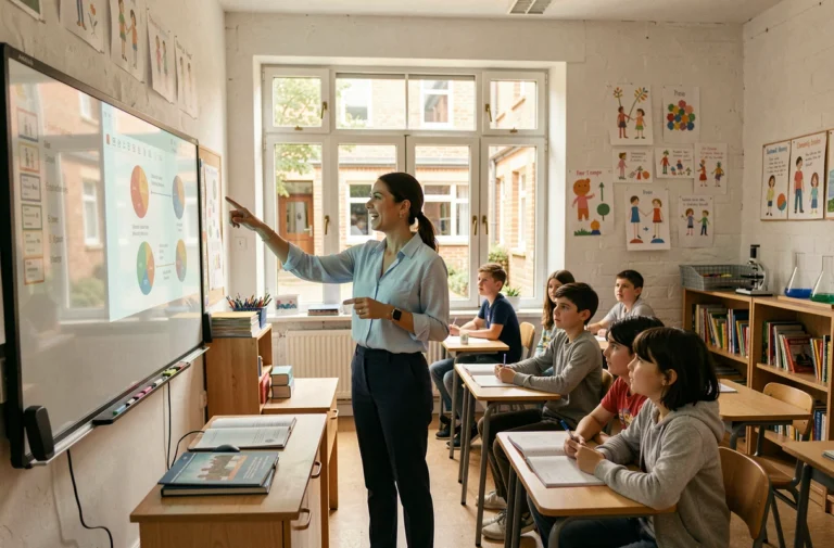 Enseignante dynamique devant un tableau interactif dans une salle de classe moderne avec des élèves attentifs