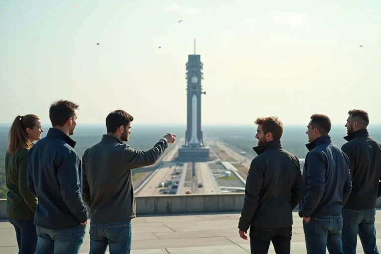 Ingénieurs aérospatiaux devant une plateforme de lancement moderne