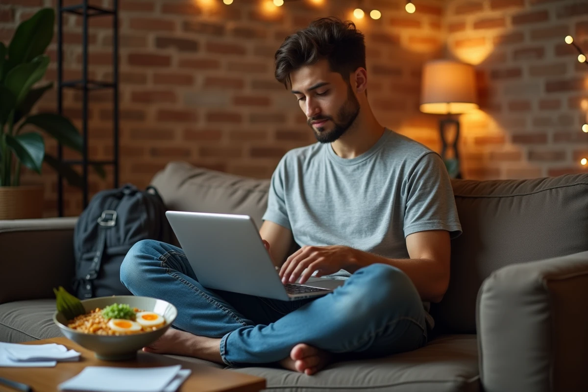 Étudiant mangeant un bol de ramen maison sur un canapé tout en travaillant sur son ordinateur portable