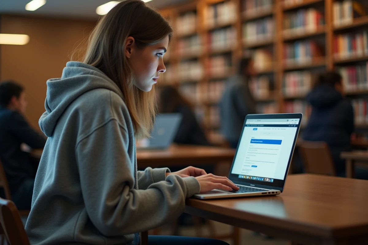 Étudiante de l'Université de Lorraine consultant sa messagerie UL sur Net Work dans une bibliothèque universitaire