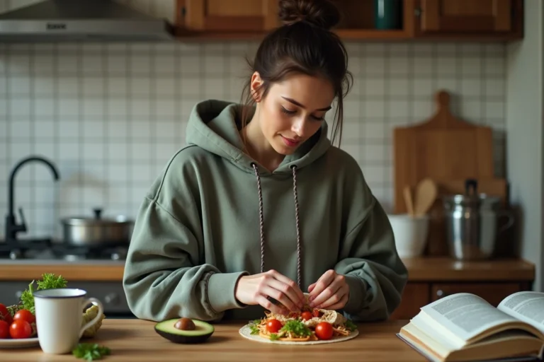 Étudiante préparant un wrap coloré et rapide dans une petite cuisine d'appartement étudiant