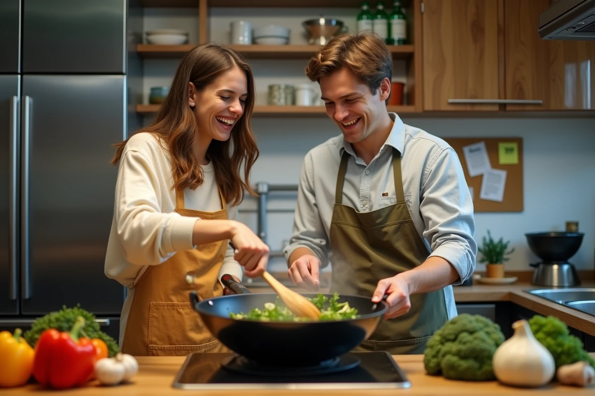 Deux étudiants cuisinant ensemble un sauté de légumes coloré dans une cuisine partagée de résidence universitaire