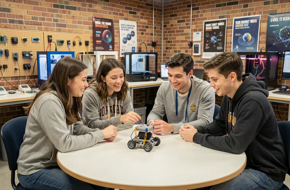 Groupe d'étudiants collaborant autour d'un prototype robotique dans un laboratoire d'innovation pédagogique