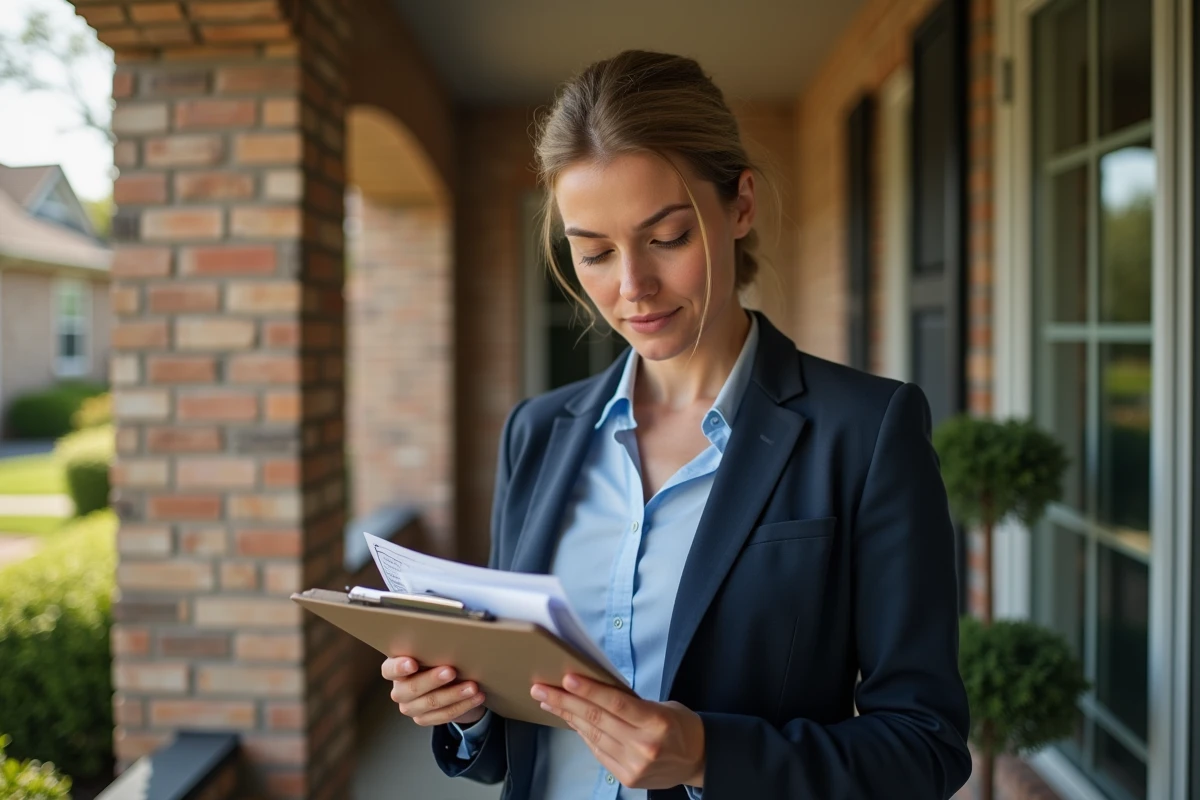 Experte immobilière évaluant l'extérieur d'une maison individuelle en briques lors d'une estimation professionnelle