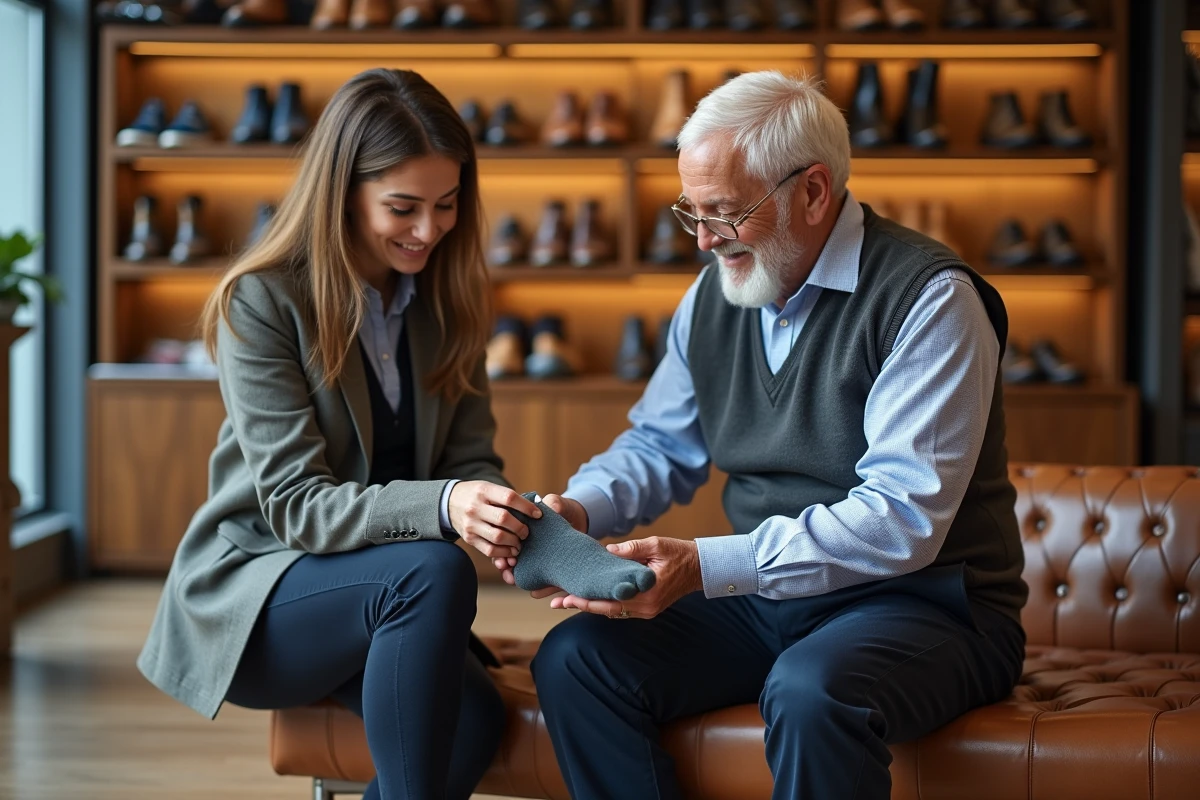 Femme aidant un homme à essayer des chaussettes dans un magasin lumineux