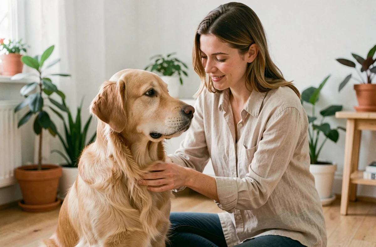 Femme brossant son golden retriever dans un salon chaleureux, soin quotidien pour animaux de compagnie
