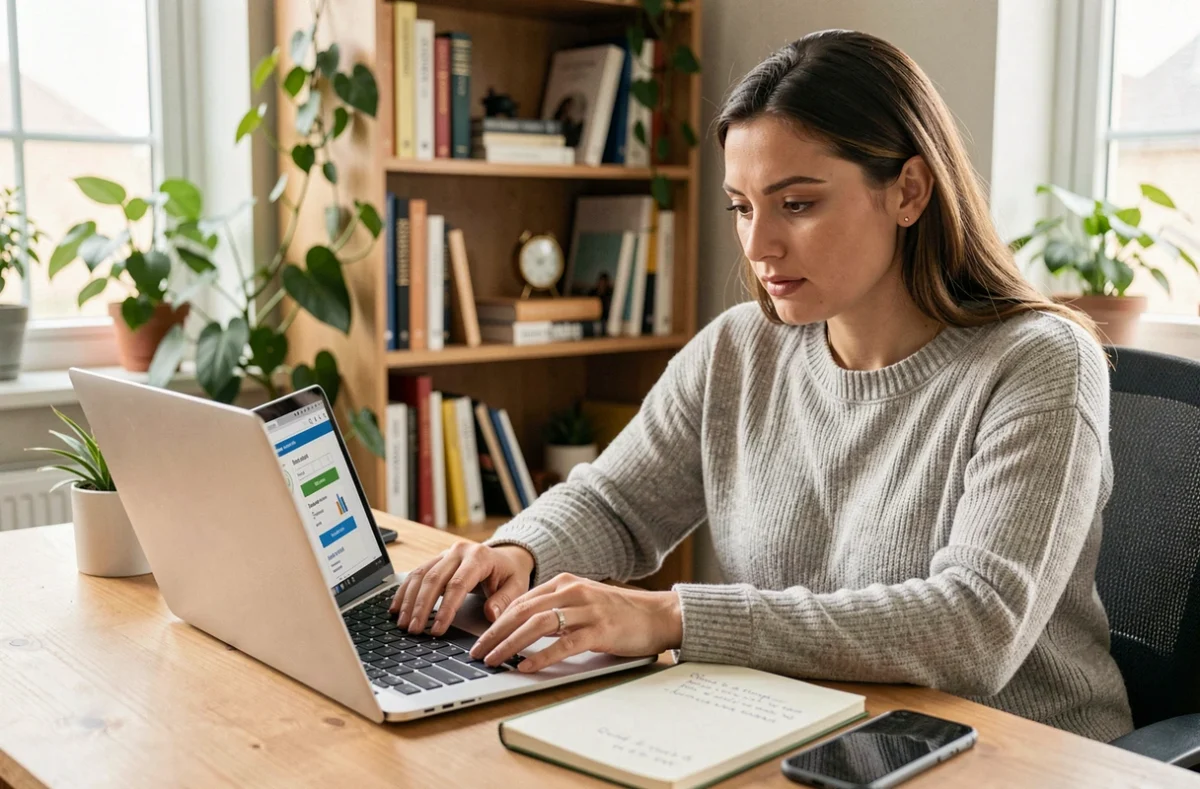 Femme comparant des offres de services bancaires en ligne sur un ordinateur portable dans un bureau à domicile
