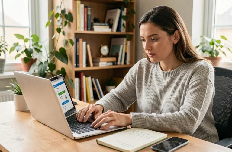 Femme comparant des offres de services bancaires en ligne sur un ordinateur portable dans un bureau à domicile