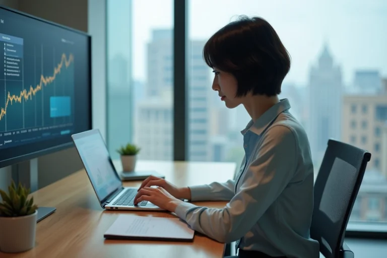 Femme en réunion vidéo dans un bureau moderne