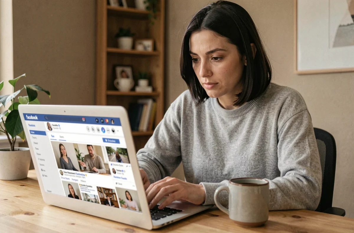 Femme consultant son compte Facebook sur un ordinateur portable pour identifier qui a partagé sa publication