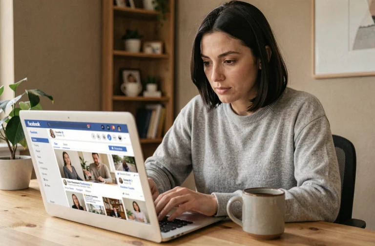 Femme consultant son compte Facebook sur un ordinateur portable pour identifier qui a partagé sa publication