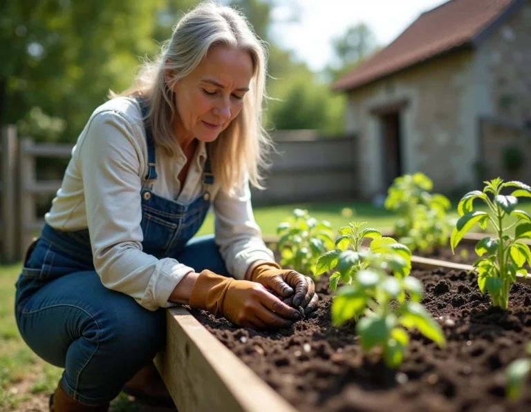 Femme jardinant dans un potager rural, transplantant des plants de tomates dans un carré de terre riche, activité agricole pour adultes