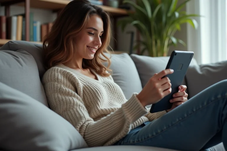 Jeune femme détendue regardant une tablette à la maison