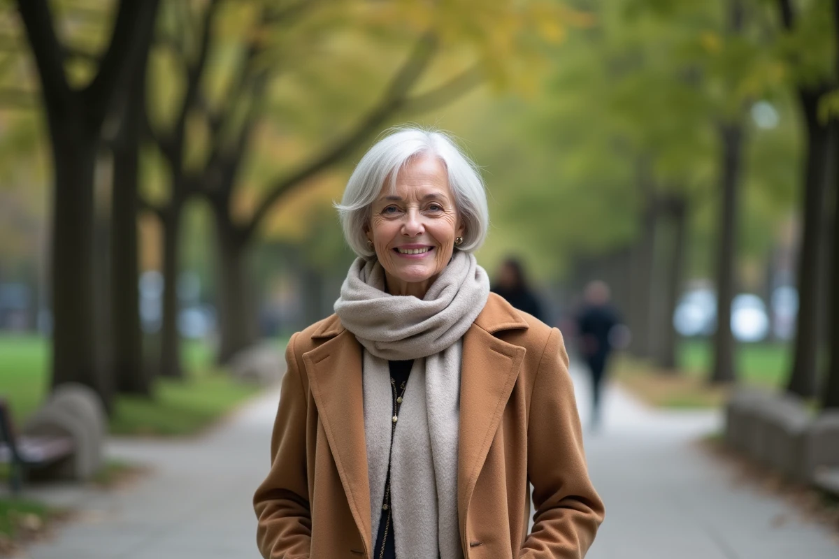 Femme confiante de 70 ans en promenade dans un parc urbain
