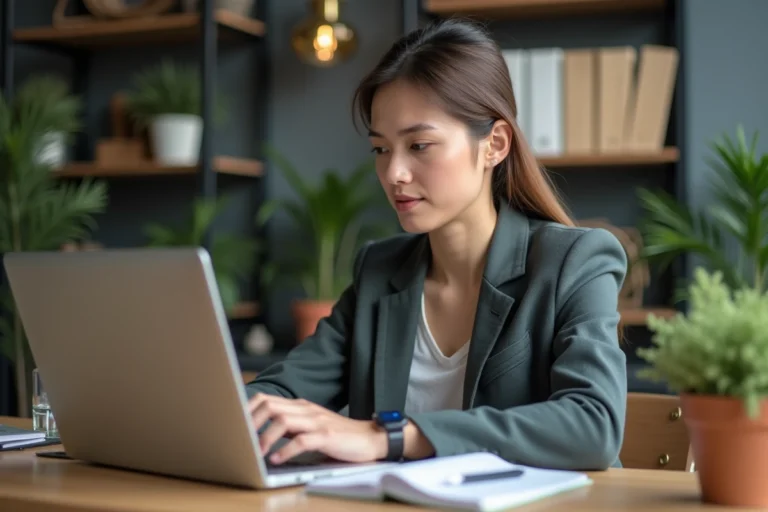 Jeune femme professionnelle travaillant sur un ordinateur dans un bureau moderne