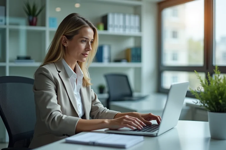 Femme professionnelle au bureau avec ordinateur et documents