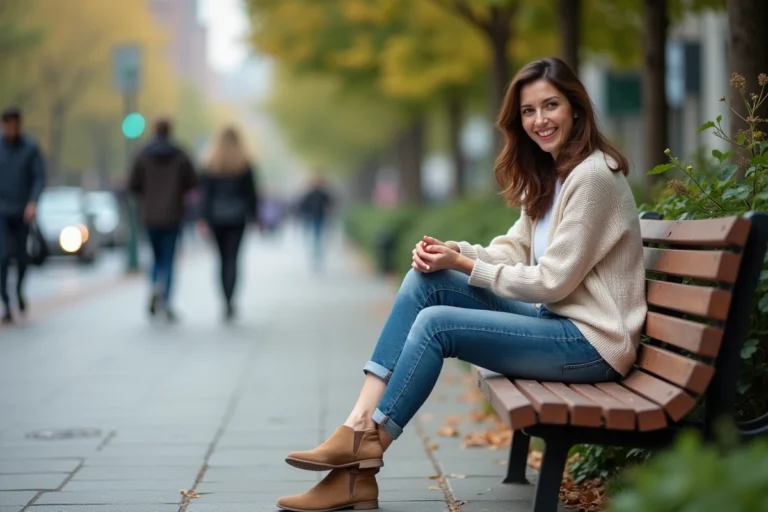 Femme détendue massant ses pieds sur un banc en ville