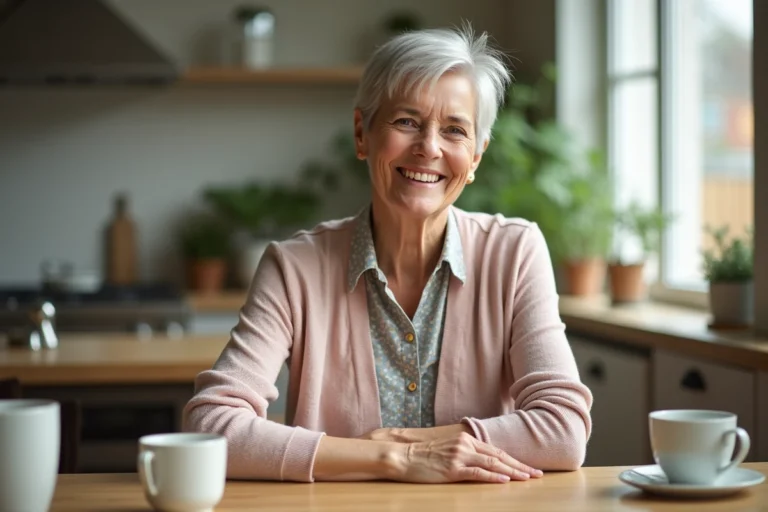 Femme de 70 ans avec cheveux argentés et coiffure pixie élégante