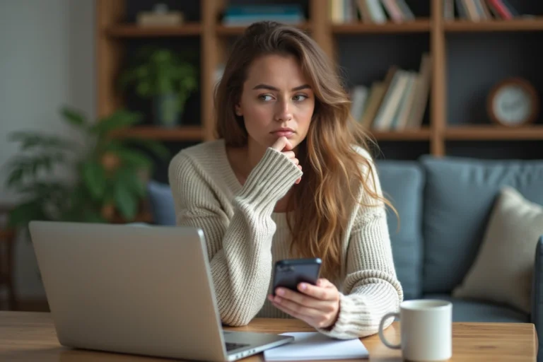 Femme assise à la maison regardant son smartphone