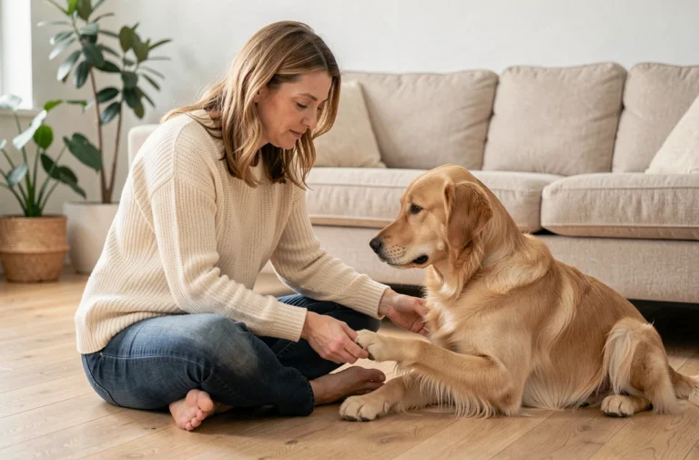 Femme examinant la patte de son golden retriever dans un salon moderne, illustrant l'importance de l'assurance santé pour animaux