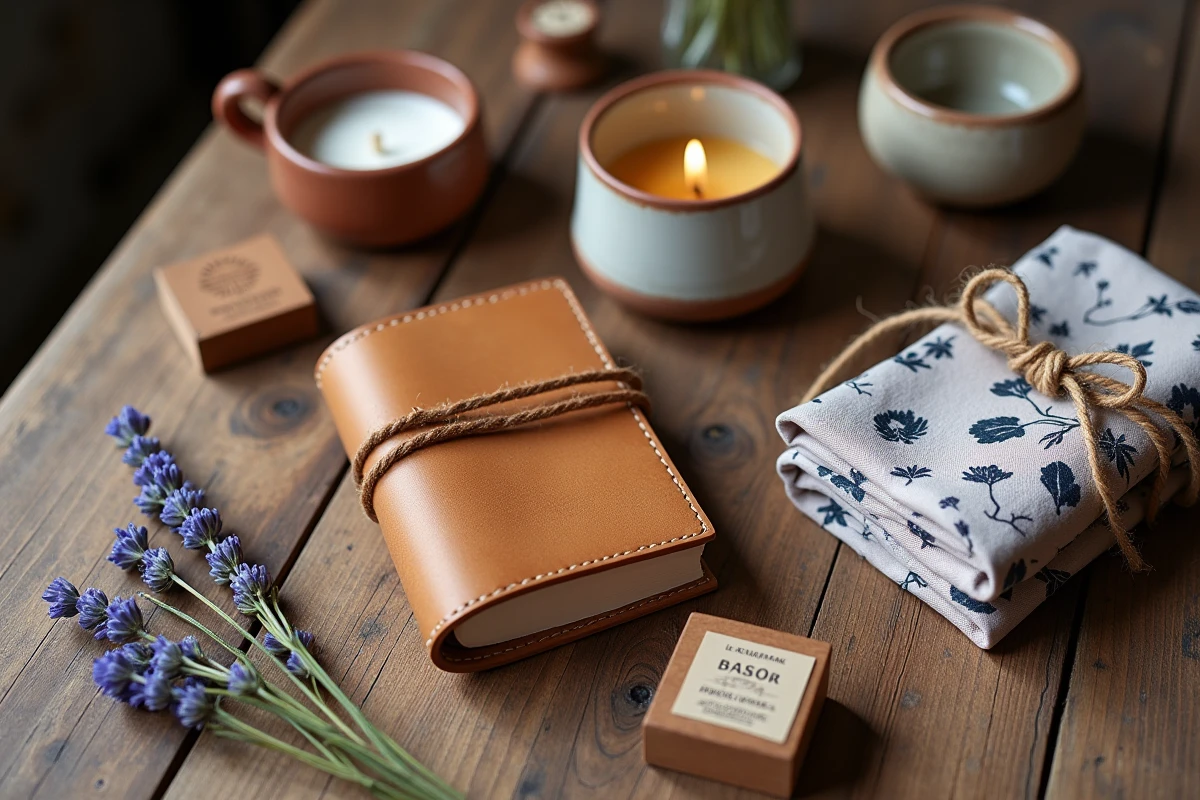 Flat-lay de cadeaux artisanaux originaux français incluant carnet en cuir, bougie et foulard imprimé