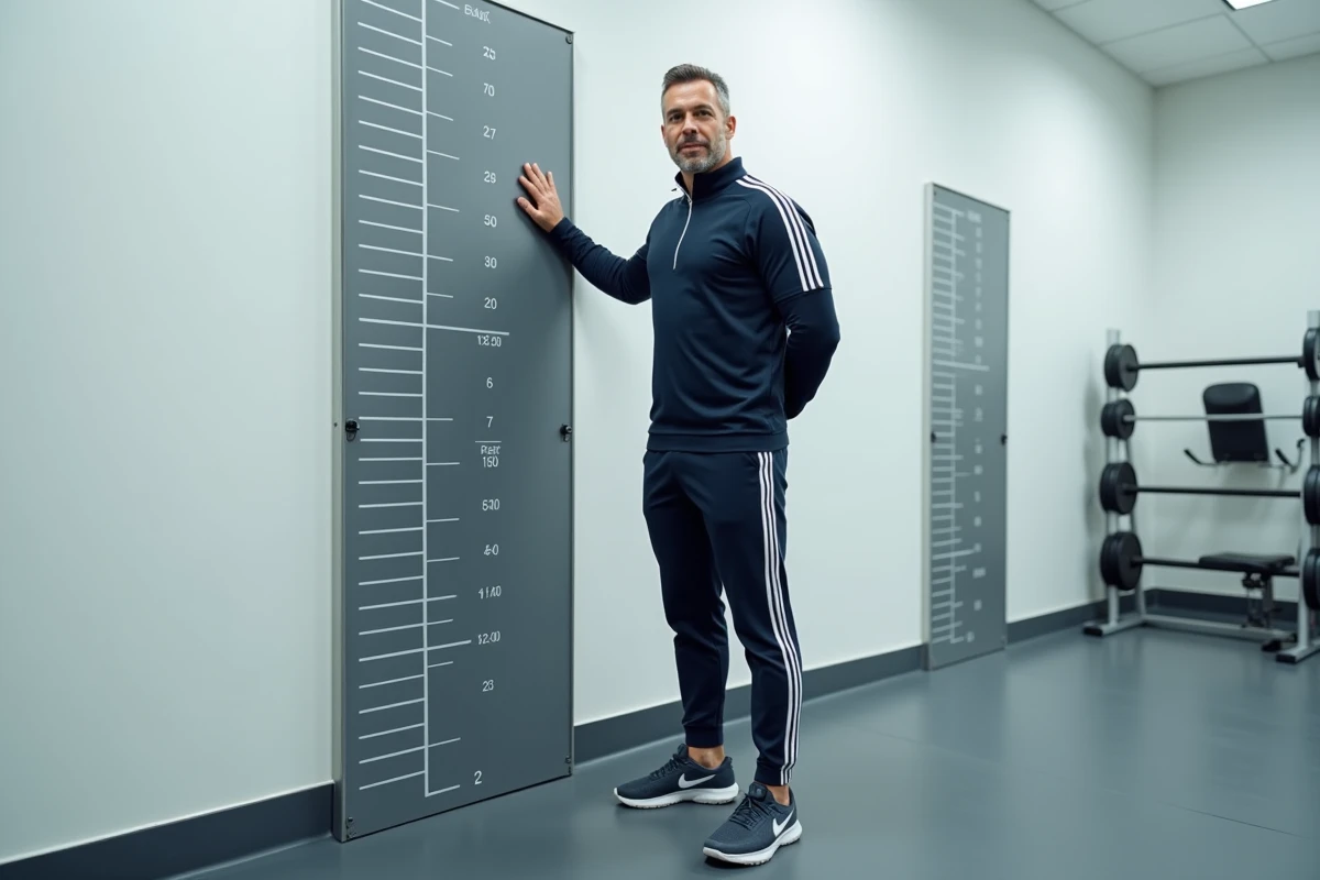 Homme grand en survêtement mesuré contre un tableau de taille dans une salle de sport, illustrant les données morphologiques de Frank Dux
