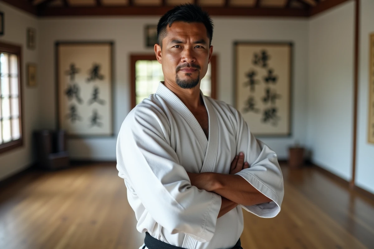 Homme grand et musclé en tenue de karaté dans un dojo traditionnel, illustrant la carrière martiale de Frank Dux